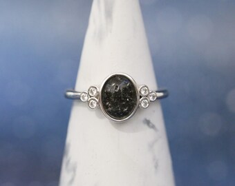 Glass Cremation Ring for Ashes • Glass “Carly” Ring • 8x6mm Oval with Side Stones Glass Cremation Ring for Ashes