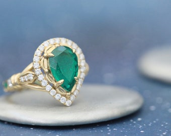 Bespoke Cremation Jewelry • The “Gloria” Ring • 8x12mm Pear Emerald Cremation Ring for Ashes