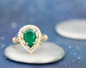 Bespoke Cremation Jewelry • The “Gloria” Ring • 8x12mm Pear Emerald Cremation Ring for Ashes