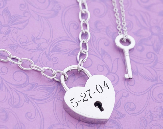 Engraved Locking Necklace Heart and Key Locking Day Collar Etsy