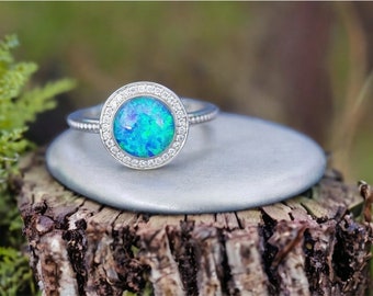 Opal Cremation Ring for Ashes • Sterling Silver “Jessica” Ring • 8mm Opal Beaded Halo Cremation Ring for Ashes