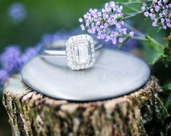 Cremation Ring for Ashes • Bespoke Cremation Jewelry • Sterling Silver “Andrea” Ring • 5x7mm Emerald Cut Moissanite Cremation Ring for Ashes