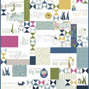 May include: A colorful quilt with a white background and various animal-themed squares. Each square features a different animal, such as an alligator, a crocodile, a monkey, a giraffe, a baboon, a snake, an iguana, and a hornbill. The squares are surrounded by a border of blue and white triangles. The quilt is made of cotton fabric and is perfect for a nursery or child's room.