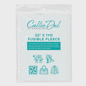 May include: A package of Callie Del fusible fleece, 22" x 1 yard. The packaging is clear plastic. The text is teal and white. The fleece is for home decor, craft, quilting, bag making, and apparel sewing projects.
