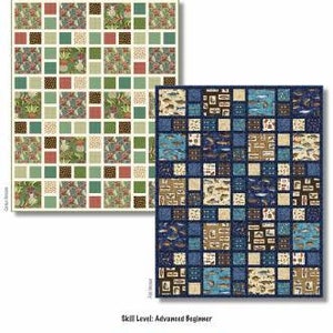 Puede incluir: Un patrón de acolchado llamado "Pick Your Patch" de Heidi Pridemore. El patrón es para una colcha de 142,24 cm por 180,34 cm. El patrón presenta dos diseños diferentes, uno con un esquema de color verde y marrón y el otro con un esquema de color azul y marrón.