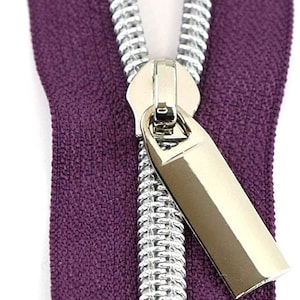 Sallie Tomato 3 Yards of #5 Nylon Zipper & 9 Pulls - Purple w/ Nickel Teeth