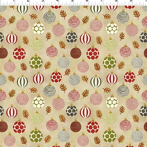 May include: A beige fabric with a repeating pattern of Christmas ornaments. The ornaments are red, green, white, and gray with various patterns. The ornaments are surrounded by small brown leaves.