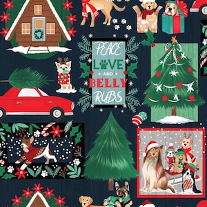 May include: A blue background with a Christmas theme featuring dogs, a red car with a Christmas tree on top, a cabin, a sign that says "Peace Love and Belly Rubs", and a Christmas tree with red baubles.