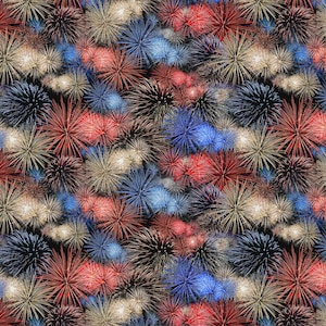 May include: A repeating fabric pattern featuring a dense display of fireworks in shades of red, white, and blue against a black background. The design consists of multiple starburst explosions with thin, radiating lines in various sizes.