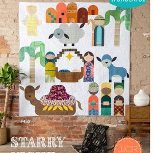 Puede incluir: Un patrón de colcha colorido que presenta una versión moderna de la escena de la natividad. La colcha incluye un camello, una oveja, una estrella y un pesebre. El patrón se titula "Starry Night" y está disponible para descargar digitalmente.