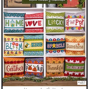 May include: A set of 12 pillow covers with different designs and words, including "Home", "Love", "Lucky", "Happy", "Bloom", "Kind", "Sparkle", "Sunshine", "Gather", "Spooky", "Thankful", and "Be Merry". The pillow covers are all 17 1/2 inches by 17 1/2 inches. The image also includes the text "Wrapped with Words" and "#487".