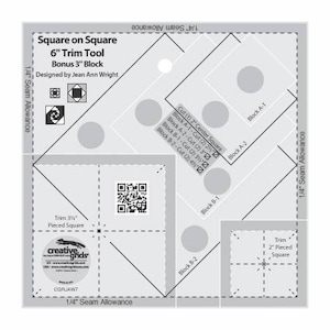 May include: A black and white diagram showing how to make a 6-inch square-on-square quilt block. The diagram includes instructions for cutting and sewing the fabric pieces. The diagram also includes a QR code and the text "Square on Square 6" Trim Tool Bonus 3" Block Designed by Jean Ann Wright".