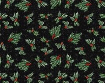 May include: A black background with a repeating pattern of green holly leaves with red berries and white snowflakes.