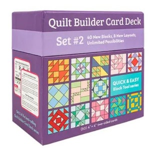 May include: Purple box with the text "Quilt Builder Card Deck Set #2" and "40 New Blocks, 8 New Layouts, Unlimited Possibilities". The box contains 50 two-sided cards, each measuring 4 inches by 4 inches. The cards feature colorful quilt block designs.