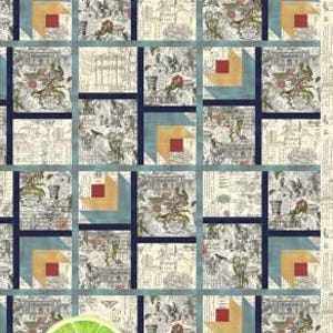 Puede incluir: Un edredón de patchwork con un estampado floral y arquitectónico en crema, azul y rojo. El edredón presenta el texto "Garden Oasis" y mide 153,7 x 201,9 cm. Hecho por LavenderLime.