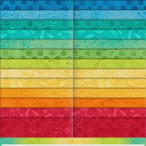 May include: A collection of 40 fabric strips in a rainbow of colors, from deep purple to vibrant red. Each strip is 2 1/2 inches wide and features a unique pattern or texture. The image includes the text "FUNDAMENTALS Pop Culture".