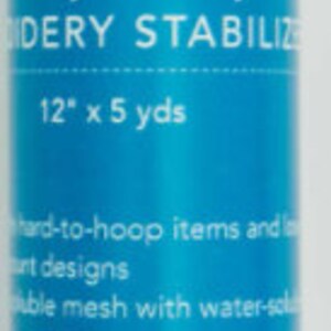 May include: A blue and white roll of Berbel Away Sticky-Back Embroidery Stabiliser, 30.5 cm by 4.57 metres.  It is designed for hard-to-hoop items and delicate designs.  The stabiliser is a soluble mesh with a water-soluble coating.  It is ideal for lightweight fabrics such as silk and organza.