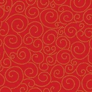 Könnte beinhalten: Roter Stoff mit einem goldenen Wirbelmuster. Die Wirbel bestehen aus kleinen Punkten.