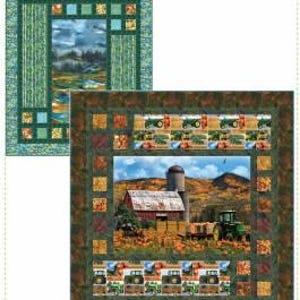 May include: A quilting pattern for a quilt called "Triptych", a panel quilt to accommodate both vertical and horizontal panels. The pattern features a farmhouse scene with a red barn, silo, and a tractor.