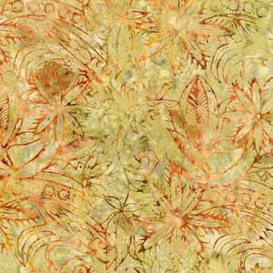 May include: A seamless pattern with a batik design featuring intricate floral motifs in shades of orange and yellow on a light yellow background.