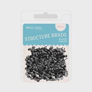 May include: Package of 100 black finish structure brads. The brads are in a clear plastic package with a blue and white label that reads "Structure Brads" and "Black Finish". The brand name "Riley Blake Designs" is also visible.