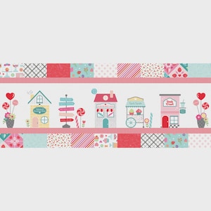 Puede incluir: Un panel de tela colorido con ilustraciones caprichosas de tiendas de dulces y letreros. El diseño incluye una variedad de dulces, flores y piruletas en forma de corazón. El panel tiene un borde de patchwork con patrones rosas, azules y blancos.