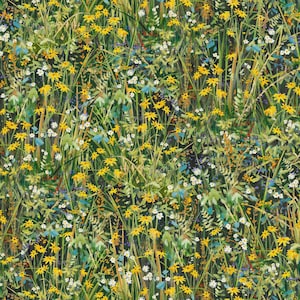 May include: A vibrant watercolor painting of a wildflower meadow. The image is filled with yellow, white, and blue flowers, interspersed with green foliage and tall grasses. The background is a dark, textured color.