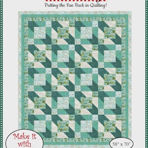 May include: A quilt pattern titled "Spectrum" with a geometric design in shades of teal, white, and green. The quilt measures 58 x 70 inches and features the Fabric Cafe logo. The pattern requires 5 yards of fabric.