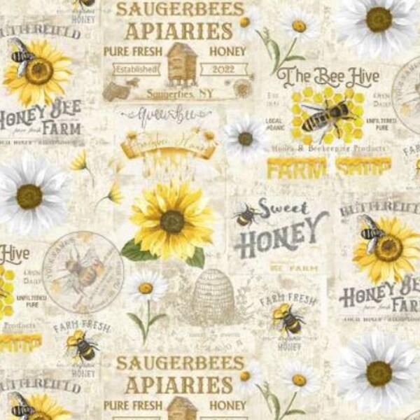 CD2387-CREAM, Cream - vintage Bee Farm Sign, 44"/45" de large, vendu par 1/2 yard, pour Timeless Treasures