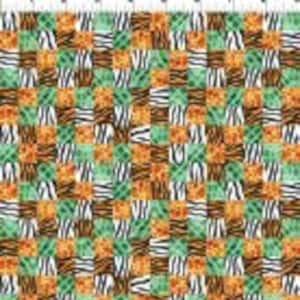 Puede incluir: Un patrón de tejido sin costuras con un diseño repetitivo de rayas de cebra naranja, marrón y blanco, rayas de tigre y un patrón de cuadros verde y blanco.