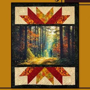 May include: A quilt pattern featuring a fall forest scene with a path leading into the woods. The pattern is framed by two rows of red, yellow, and white fabric. The title "October Sky" is at the top of the image and "Villa Rosa Designs" is at the bottom.