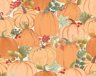 May include: A seamless pattern featuring orange pumpkins with green leaves and red berries. The pumpkins are arranged in a repeating pattern, with some overlapping. The background is a light cream color.