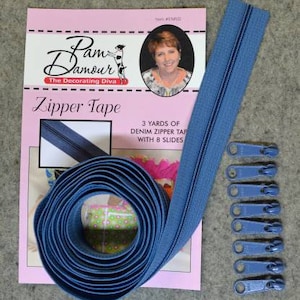 May include: A 3-yard roll of blue denim zipper tape with 8 sliders. The tape is coiled and the sliders are arranged in a row. The image also includes a close-up of the zipper tape and a description of the product.