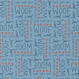 20843-16, Dog Daze - Blue (Woof, Text and Words), 44&quot;/45&quot; wide, sold by the 1/2 yard
