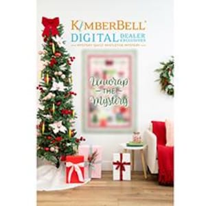 May include: A decorated Christmas tree with red and gold ornaments, a red bow, and white poinsettias stands next to wrapped gifts. The text "Unwrap the Mystery" is on a framed image. The wall has a wreath and a sign that says "Kimberbell Digital Dealer Exclusives".