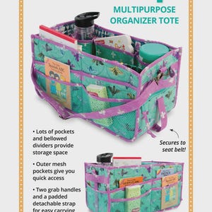 Può includere: Borsa organizer multiuso con un motivo floreale turchese e viola. Presenta più tasche, divisori e tasche a rete. Include due maniglie e una tracolla staccabile. La borsa si fissa alla cintura di sicurezza.