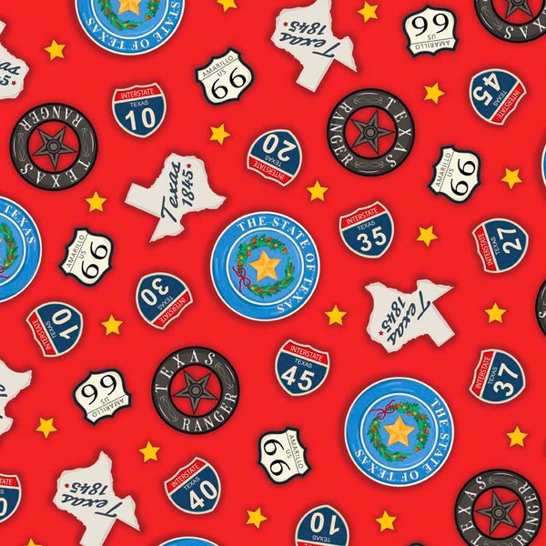 30088-R, All Texas Shop Hop - Texas Road Signs (Red), 44"/45" wide, sold by the 1/2 yard, from QT Fabrics