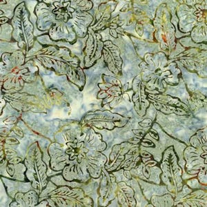 May include: A fabric with a floral pattern featuring large, stylized flowers and leaves in shades of green, brown, and white. The design has a batik-like appearance, with a mottled, textured background.