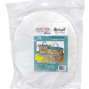 May include: Two white, round, cork tote bottoms, 9 inches by 11 1/2 inches, in a clear plastic bag. The bag has a label that says "CRAF-TEX Plus Cork Tote Bottoms Large 2 Pieces 9" x 11 1/2"".