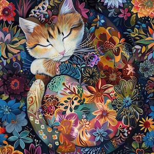 May include: A colourful illustration of a sleeping cat surrounded by flowers. The cat has orange and white fur, with closed eyes and a peaceful expression. The flowers are a mix of shapes and colours, creating a lively and artistic composition.