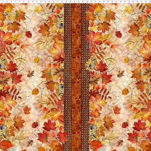 May include: Fabric with a fall-themed design. The pattern features a variety of autumn leaves in shades of red, orange, and yellow, along with sunflowers and branches. The background is a light beige, and the edges have a dark brown geometric border.