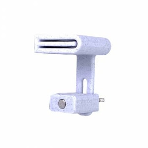 Puede incluir: Un objeto azul claro moteado, impreso en 3D, con una parte superior rectangular con dos ranuras paralelas. El objeto tiene un soporte vertical con una base rectangular y un perno hexagonal. El diseño es moderno y minimalista.