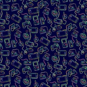 May include: A seamless pattern featuring neon-colored illustrations of retro video game controllers and handheld game consoles on a dark blue background.