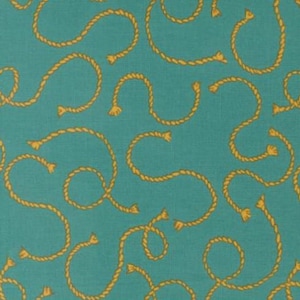 May include: Teal fabric with a repeating pattern of yellow rope. The rope is tied in a loose knot and has frayed ends.
