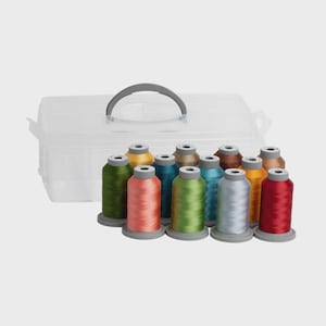 May include: A clear plastic storage container with a gray handle, filled with spools of colorful embroidery thread. The thread colors include green, pink, blue, and red. The spools are arranged in a row, ready for use.