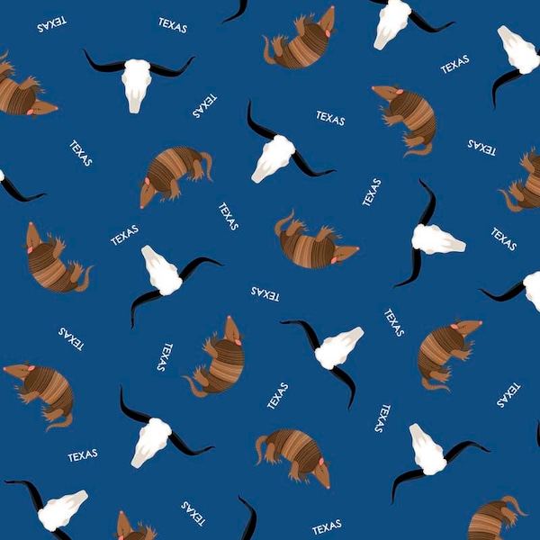 30090-W, All Texas Shop Hop - Skull & Armadillo - Dark Blue, 44"/45" wide, sold by the 1/2 yard, from QT Fabrics