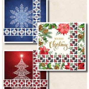 May include: Three quilt block designs featuring a snowflake, a Christmas tree, and a poinsettia. The blocks are surrounded by a red and blue star pattern. The text "Merry Christmas" is featured in the poinsettia block. The text "Offset Throw" is featured below the blocks.