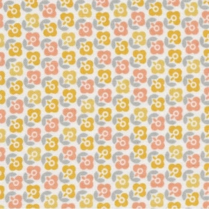 May include: White fabric with a repeating pattern of small, stylised flowers in shades of yellow, pink, and grey.