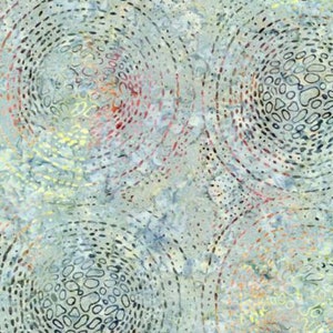 May include: Abstract seamless pattern with a blue, green, and yellow color scheme. The pattern features a series of overlapping circles with a dotted texture and a swirling design.