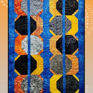 May include: A quilt pattern called "Eclipses" featuring a geometric design of octagons in black, gray, yellow, orange, and blue. The pattern is called "creative sewlutions for Villa Rosa Designs".